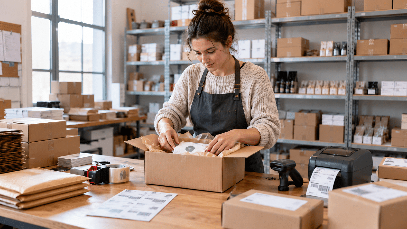 Onlinehändlerin verpackt eine Kundenbestellung an einer Versandstation mit Kartons und Versandetiketten