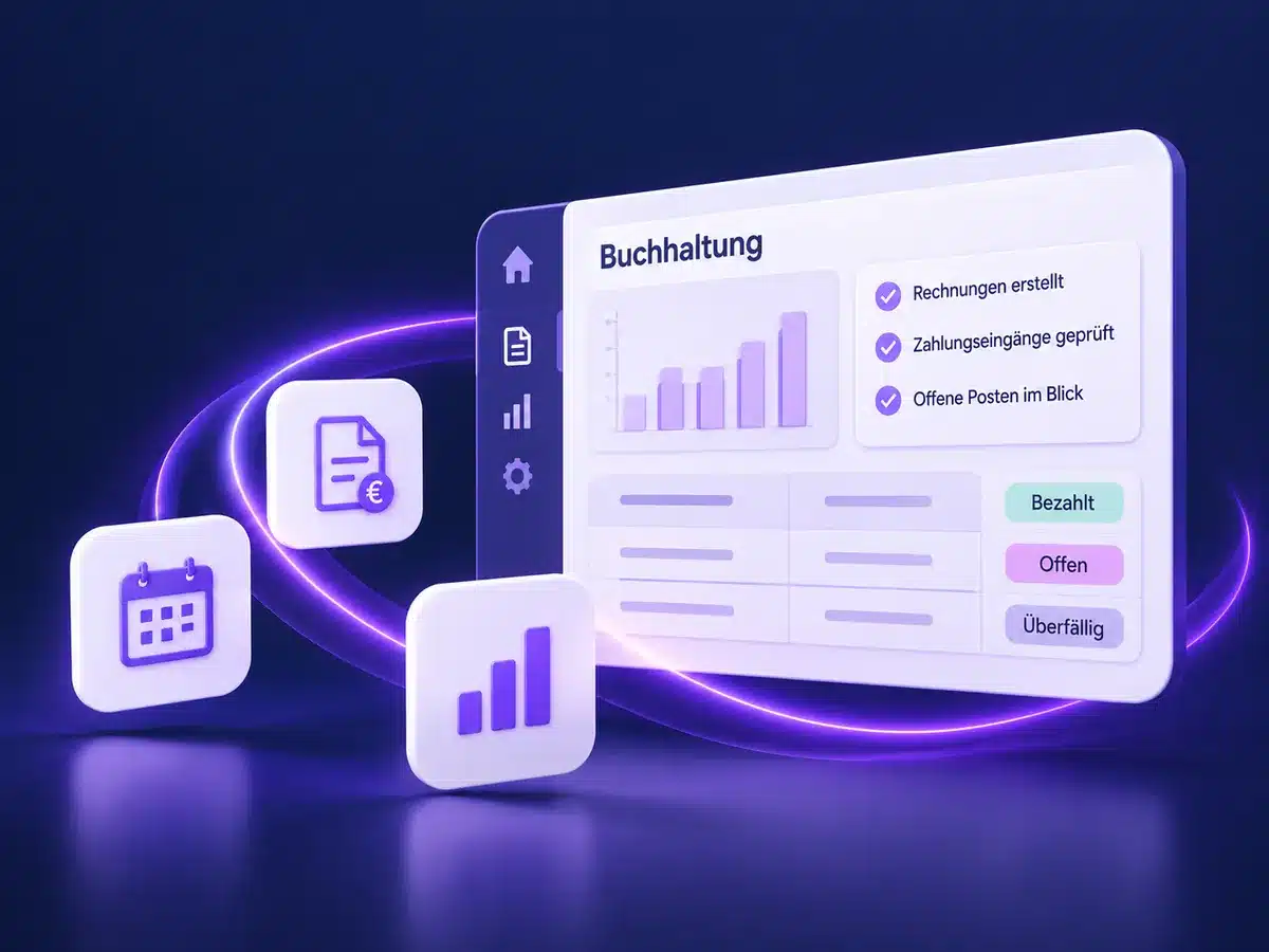 Digitales Buchhaltungs-Dashboard mit Übersicht zu Rechnungen, Zahlungseingängen und offenen Posten