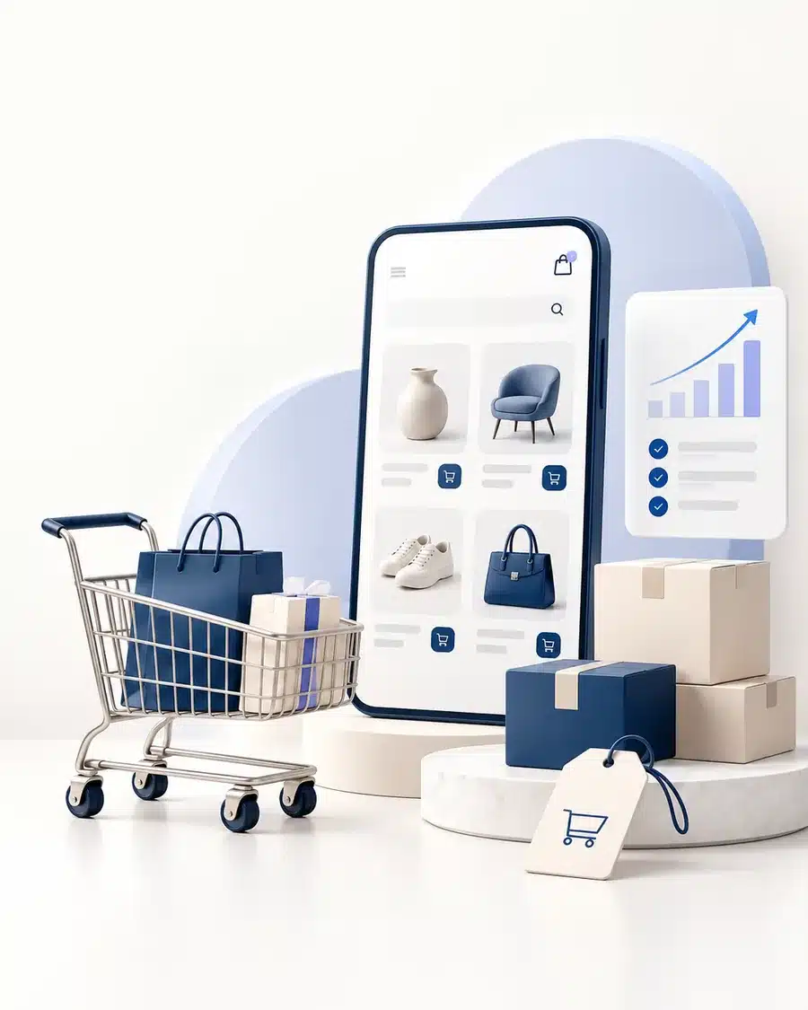 Smartphone mit Online-Shop, Einkaufswagen mit Tüten, Pakete und Kennzahlen-Karte mit steigendem Umsatz