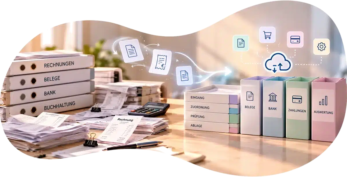 Belege und Ordner werden digital in geordnete Ablageboxen überführt