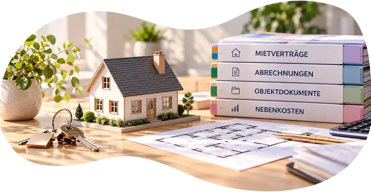 Hausmodell mit Schlüsseln, Grundriss und Ordnern für Mietverträge und Nebenkosten