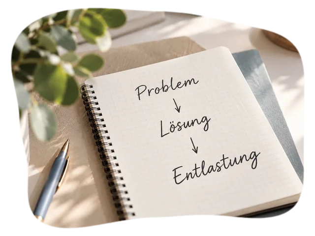 Notizbuch mit den Worten Problem, Lösung, Entlastung